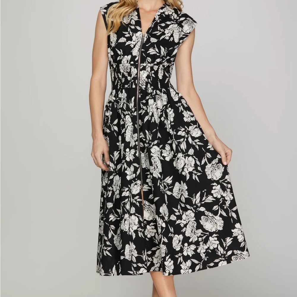 She + Sky Black and White Drop Shoulder Printed Midi Dress